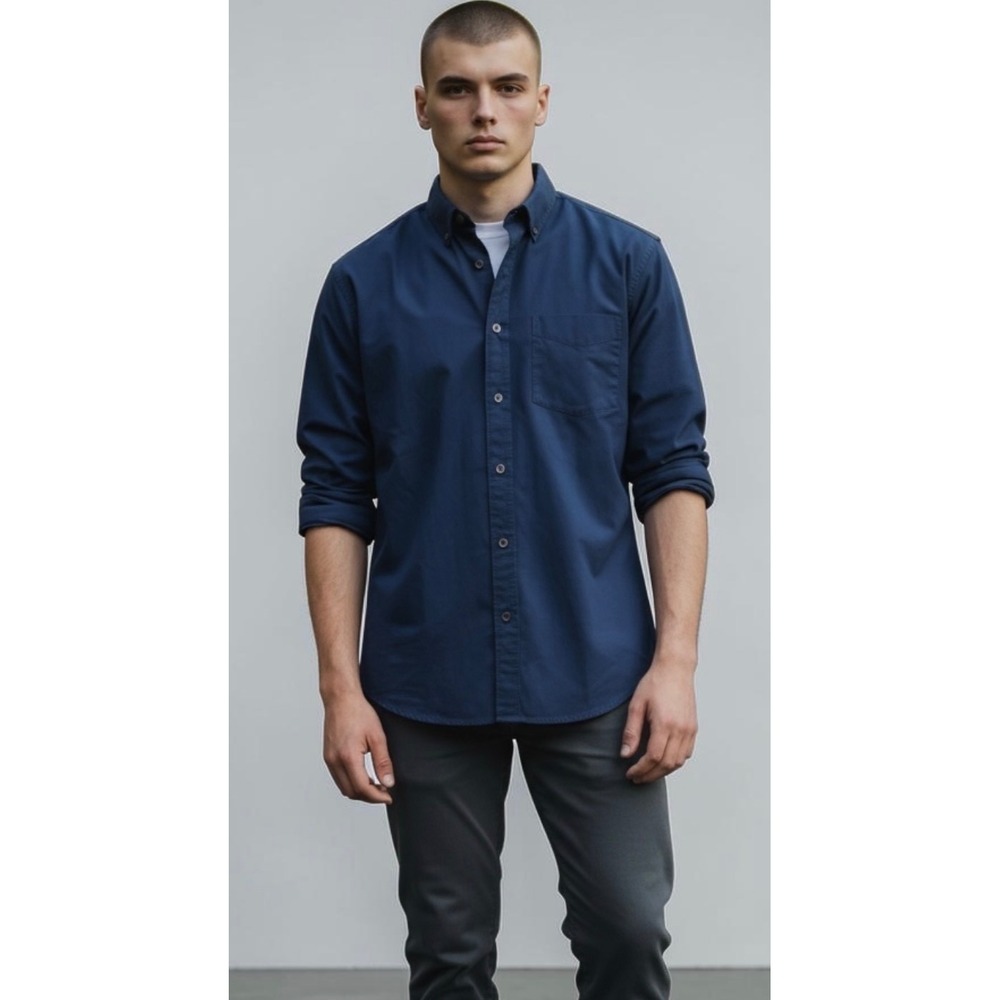 Mode of One Men's Relaxed-Fit Button-Down Twill Shirt blue L    new